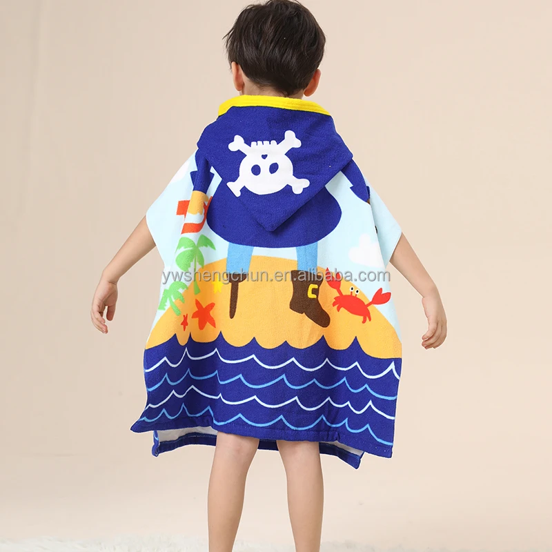 Wearable Pirate Printed Summer Children Poncho Microfiber Custom Hooded Kids Beach Towels