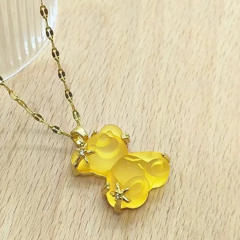 Cute Bear Stainless Steel Gold Plated Resin Waterproof Star Zircon Necklace