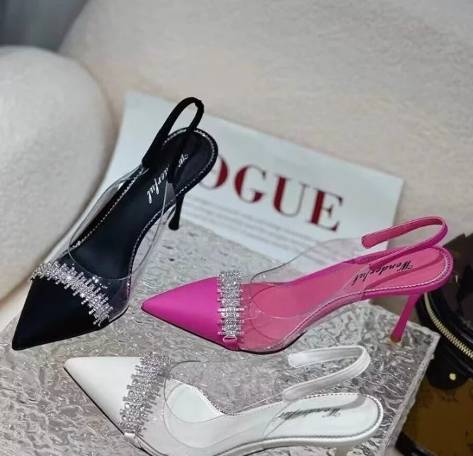 China wholesale heeled shoes transparent upper with rhinestone high heels sandals for women and ladies
