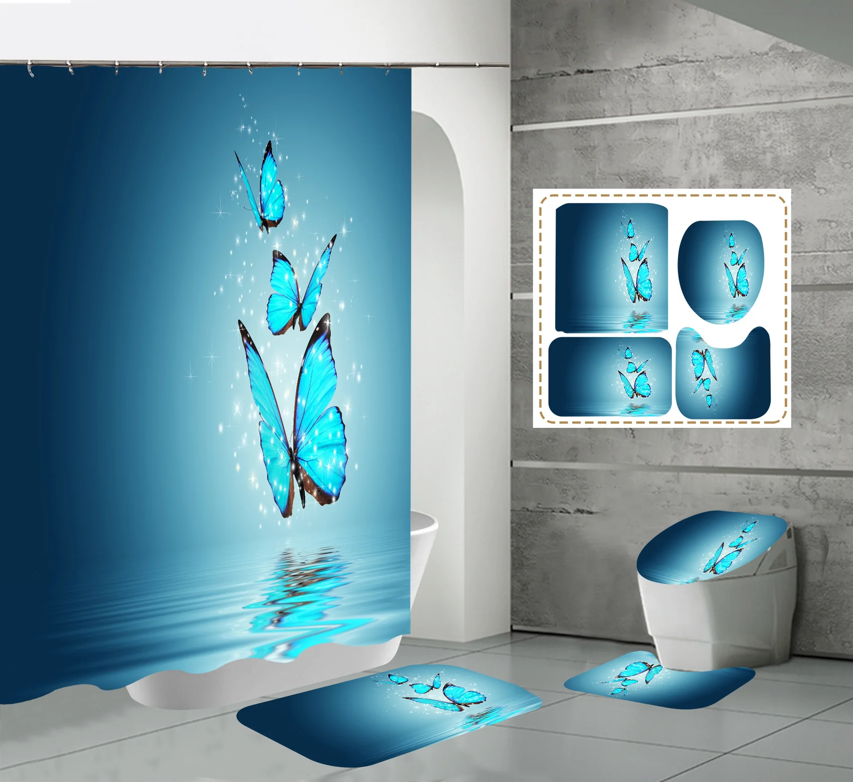 Customizable High Quality Eco-Friendly Polyester Modern 4pcs Waterproof 3D Printed Butterfly Shower Curtain Set Bathroom Curtain