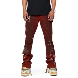 wholesale patch jeans paint splatter mens skinny jeans brown stacked jeans men flare