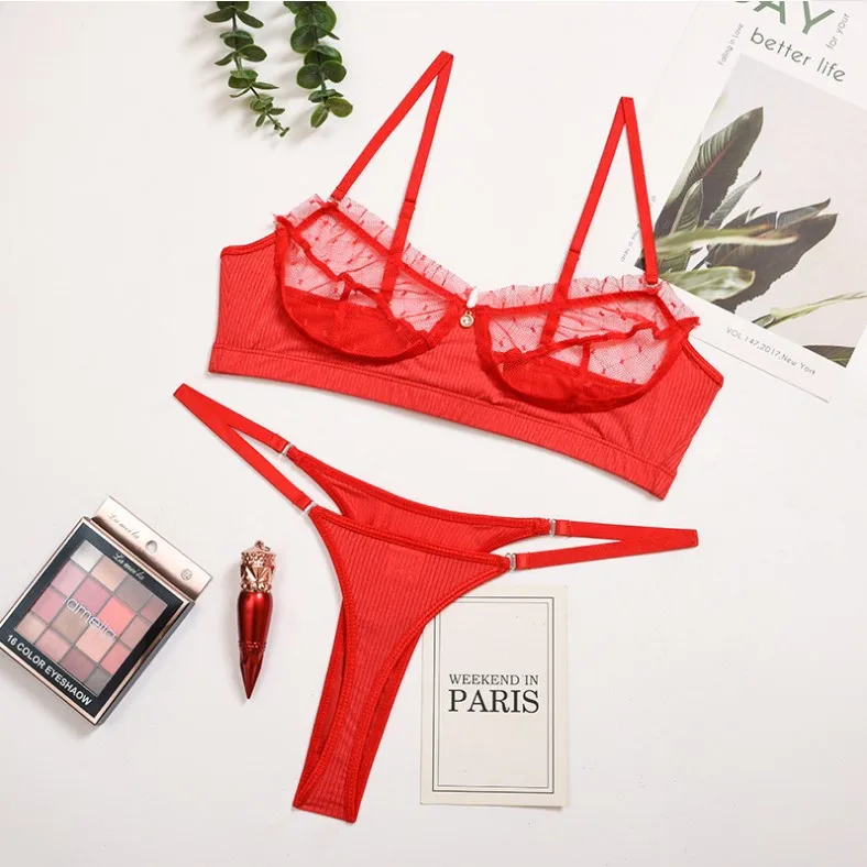 Sexy Unlined Bra Thongs Set Women Two-piece Lace Ultra Thin Lingerie See Through Wire Free Underwear Sets