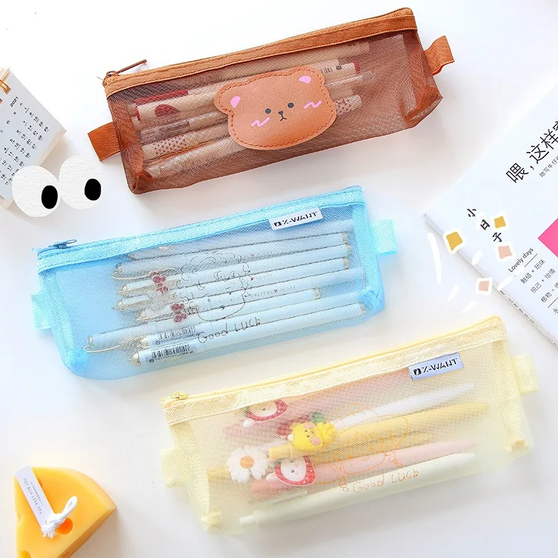 Soft Manufacturer School Girl Canvas Cartoon Large Capacity Stationary Pouch Transparent Mesh Yarn Stationery Box Pencil Case