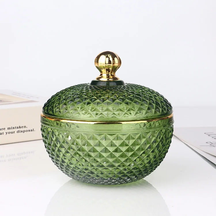 Empty 10oz Diamond Geo Cut Glass Round Green Candle Jar Container With Lid