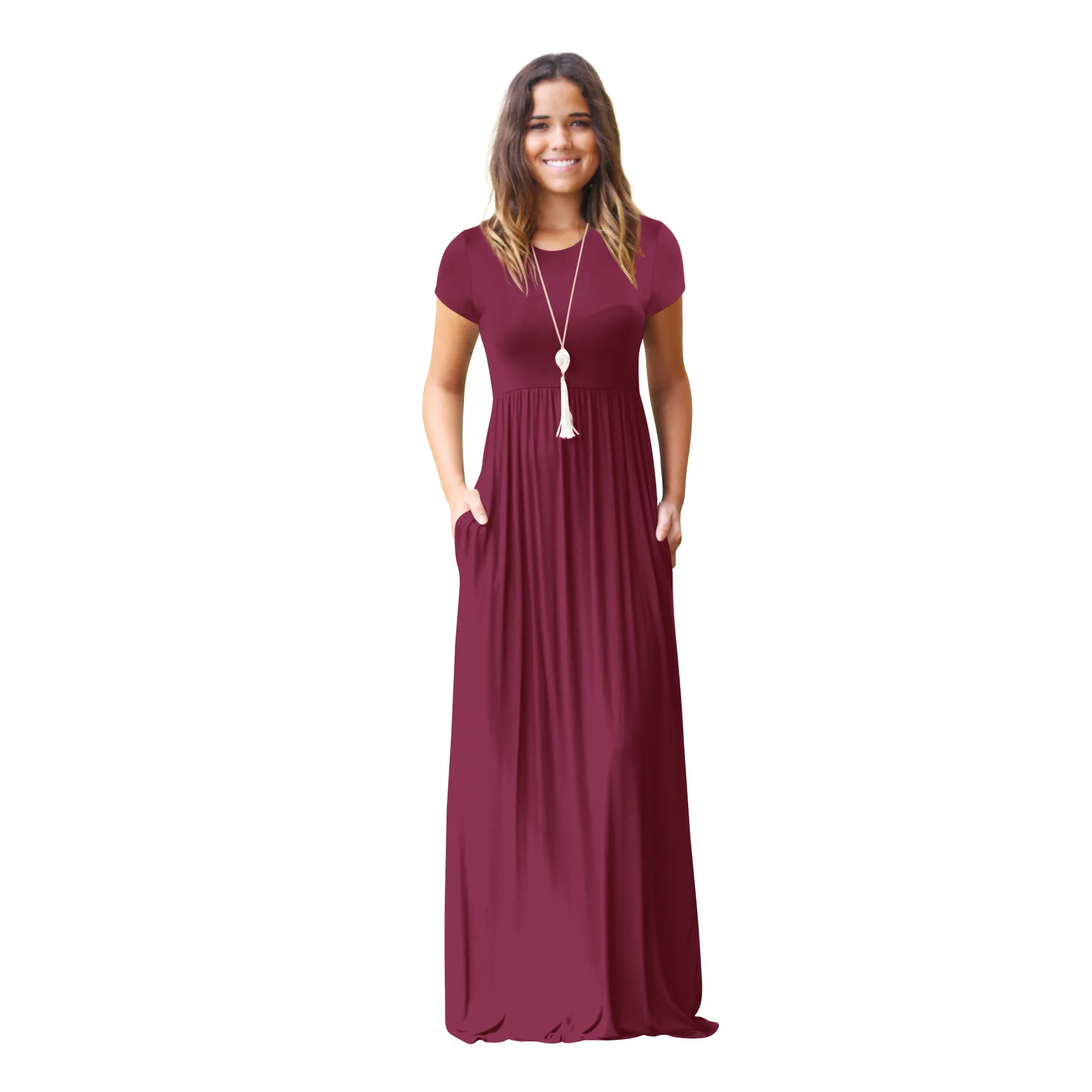 Allure Women Short Sleeve Loose Swing Plain Long Maxi Casual Dress With Pockets