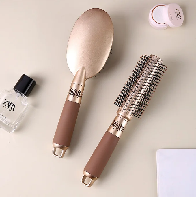Brown Luxury Anti static 2 pcs per set round shape + massager brush in one set hair massager brush set