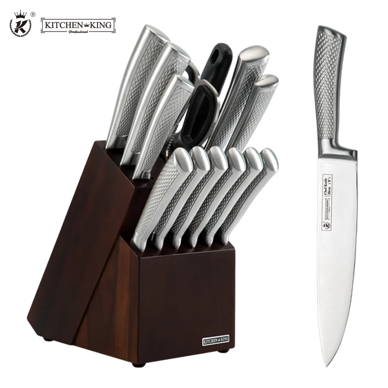 Kitchen King 14 pieces chef knife set Premium Steel With 6 Steak Knives wood block for Full Multipurpose Kitchen Cooking