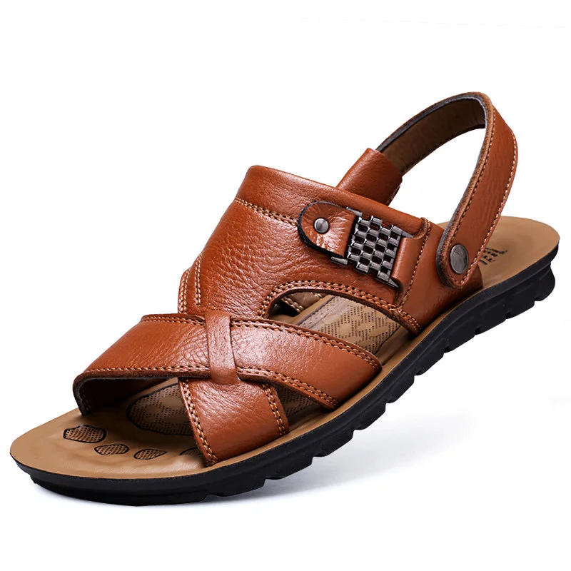 High quality new style comfortable genuine leather beach outdoor slides slipper sandals for men