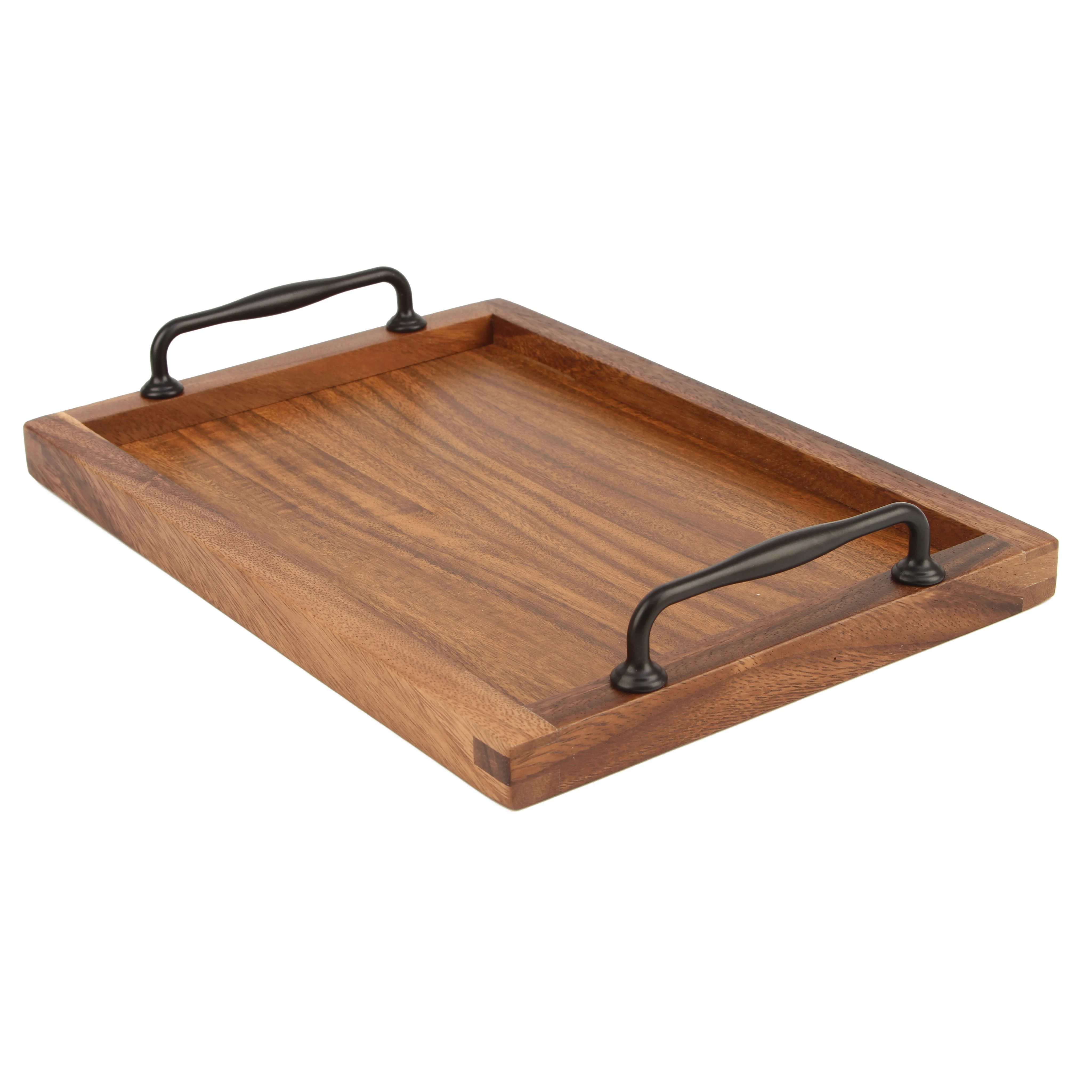 Kitchen Rustic Wooden Serving Tray Set with Metal Handles | 2 Nesting Decorative Trays for Coffee Table, Ottoman