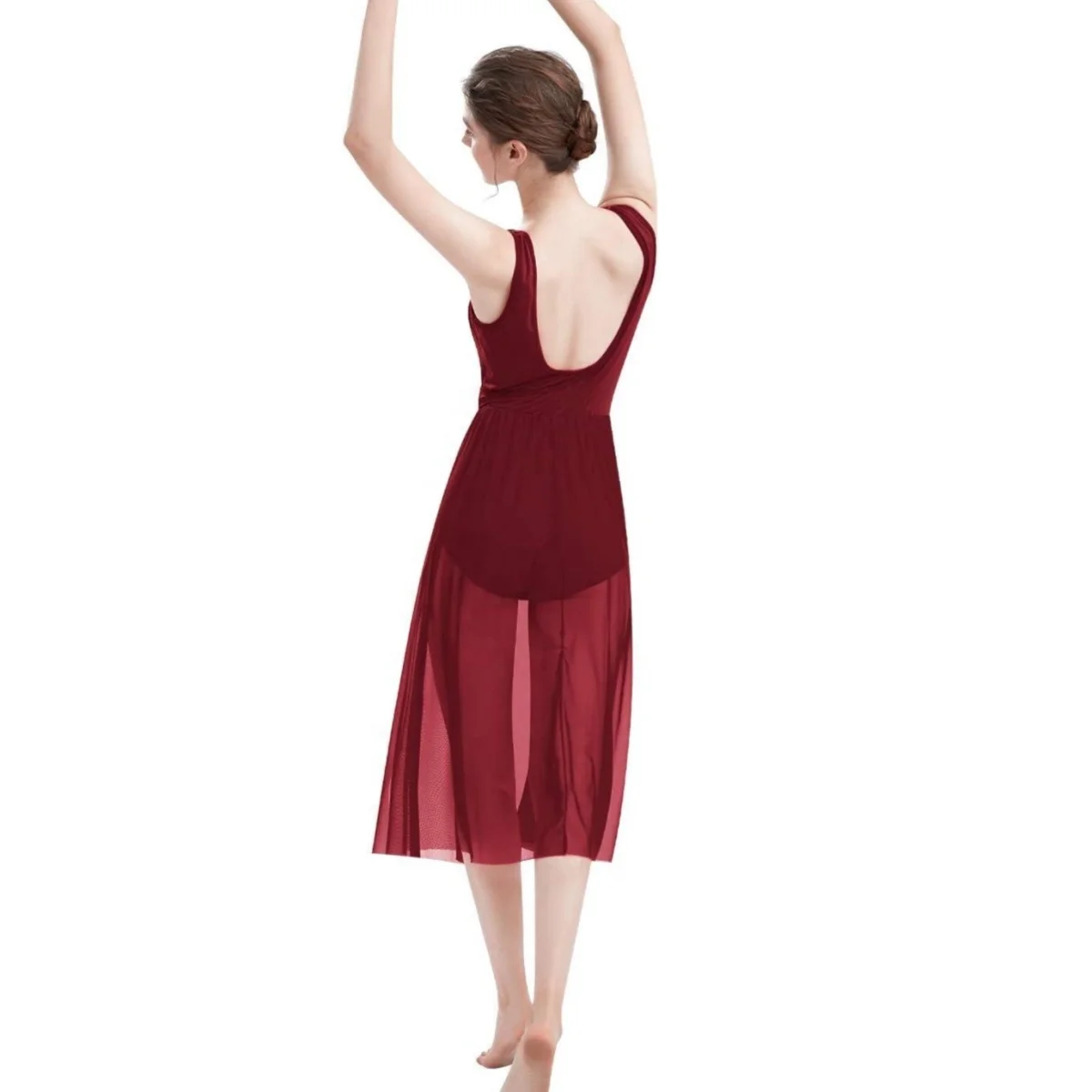 Lyrical Dance Costumes for Women Contemporary Dancewear Sleeveless Cut Out Front Mesh Tulle Maxi Dress