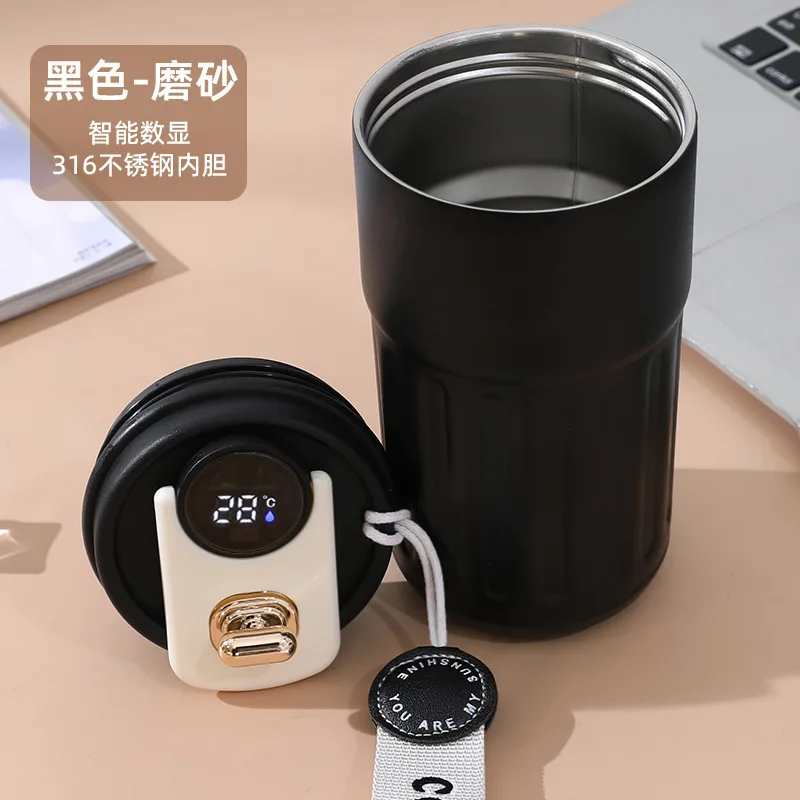 New intelligent temperature 316 stainless steel coffee cup thermos double wall drink accompanying cup with rope portable car cup