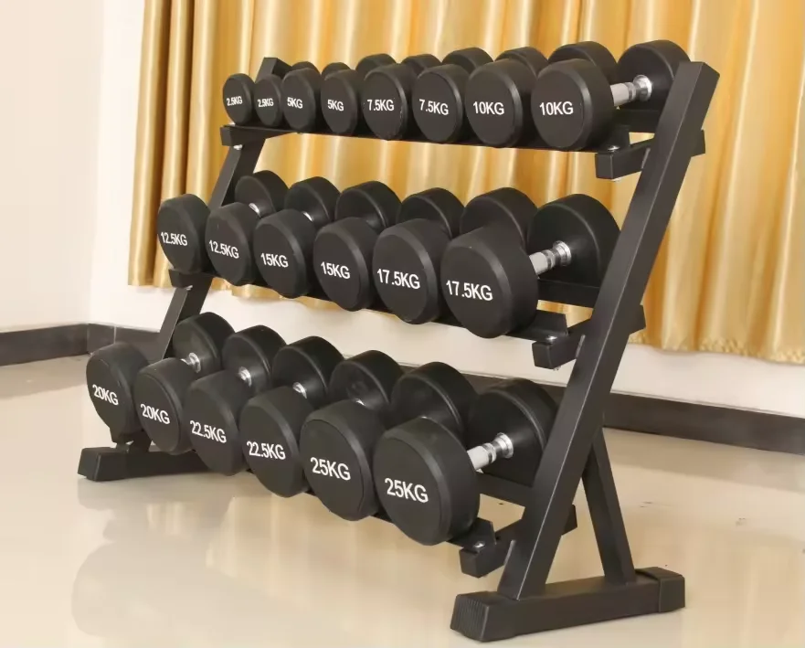 Balanced rubber coated hexagon dumbbell weight set and storage rack, multiple packaging