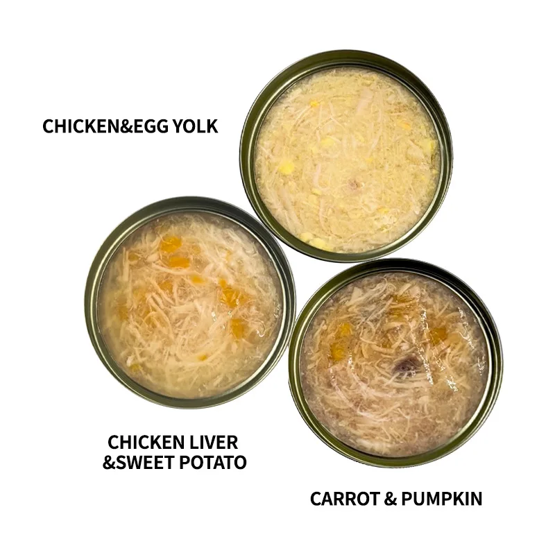 oem ODM 2024 good market dog snacks shredded chicken yolk liver sweet potato carrot pumpkin wet treats 170g canned food for dogs