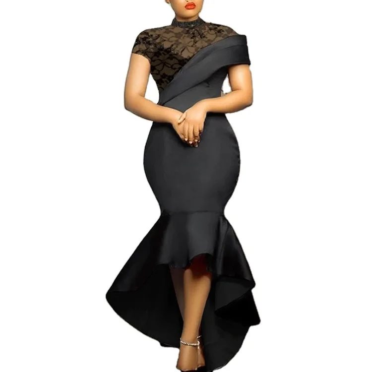 Plus size  African Lace Patchwork Elegant Mermaid Black Prom Formal Party Dress Plus Size Evening Dress For Women