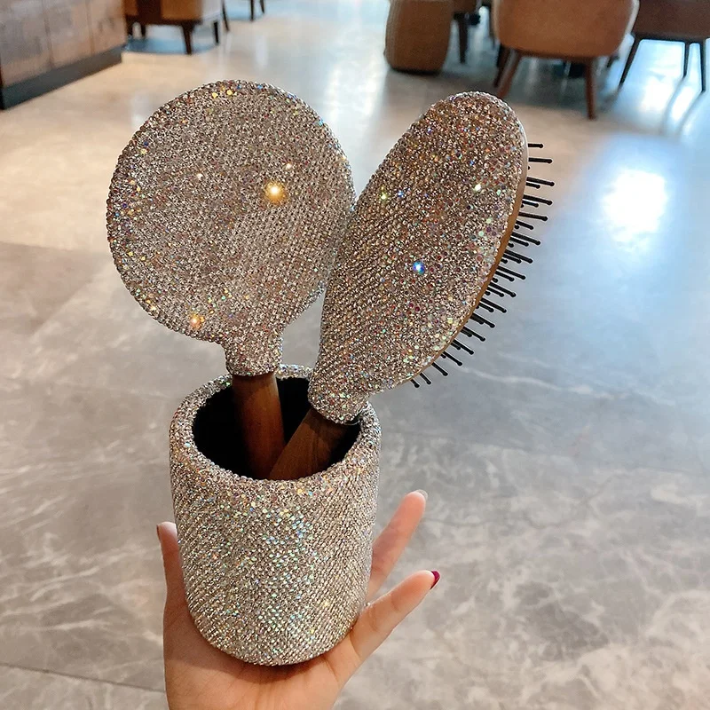 Luxury Diamond Air Cushion Comb Bling Diamond Rhinestone Makeup Handheld Mirror European Makeup Tools Makeup Brush Set Holder