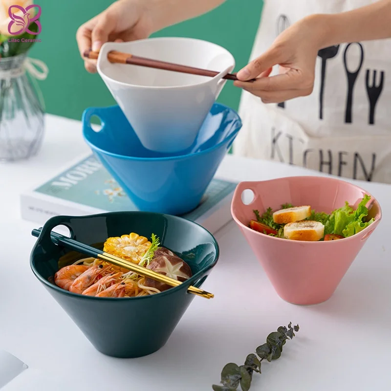 Glossy Ceramic Chopsticks Bowls Porcelain Salad Ramen Serving Bowls Wholesale Kitchen Accessories