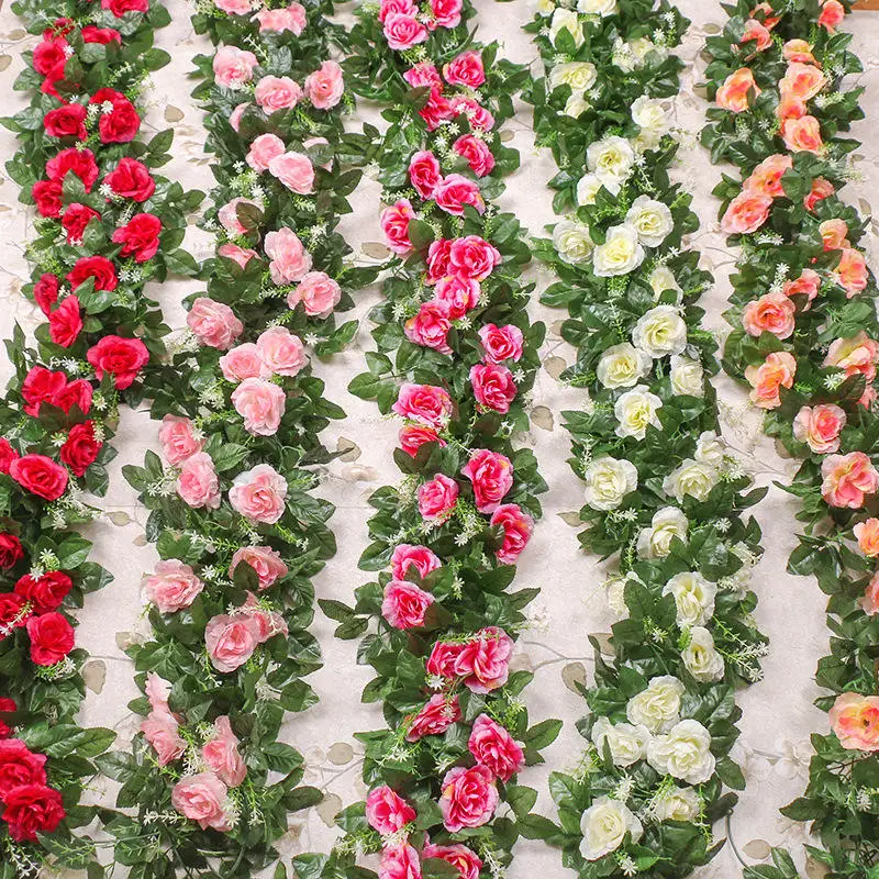 Wholesale High Quality 220CM Artificial Rose Vine Flowers Garland With Green Leaves Home Wedding Party Decor Artificial Flowers