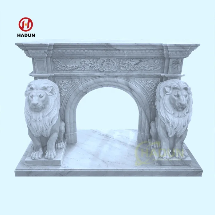 Изготовленная на заказ оптовая продажа Каменная Резная белая мраморная каминная полка с замком льва дизайн украшения дома для продажи