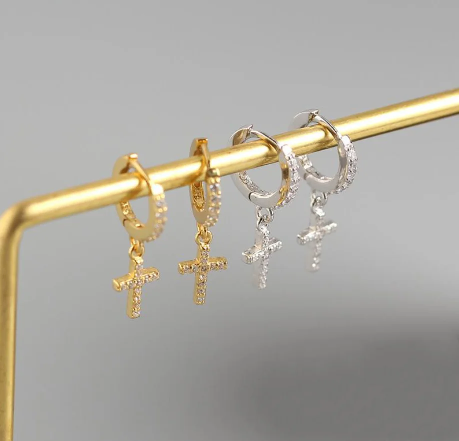 Wholesale 925 Sterling Silver Women Dainty Cross Hoop Earrings Gold Plated CZ Stone Diamond Pave Earrings Cross