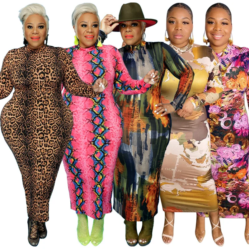 Fall Trendy 2022 Women 5Xl Plus Size Maxi Dress Individuality Map Print Skinny Long Sleeve Casual Dresses