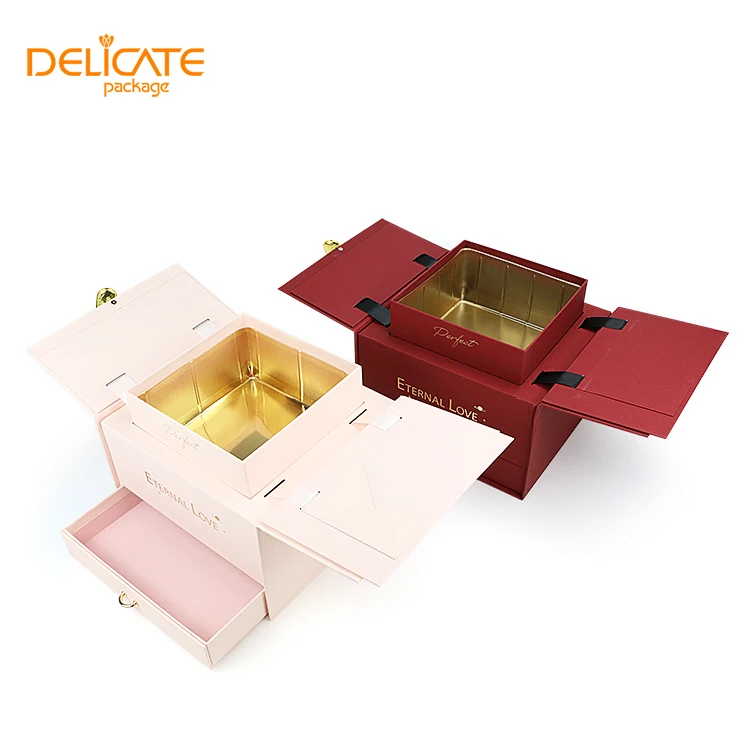Customized Wholesale Black Pink Flower Jewelry Double Door Gift Box Lift Drawer Packaging Mirror Flower Gift Box