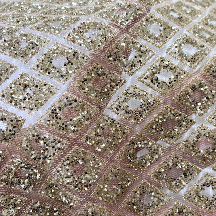 Hot sale gold sequin tulle fabric mesh rhombus combination wedding dress fabric
