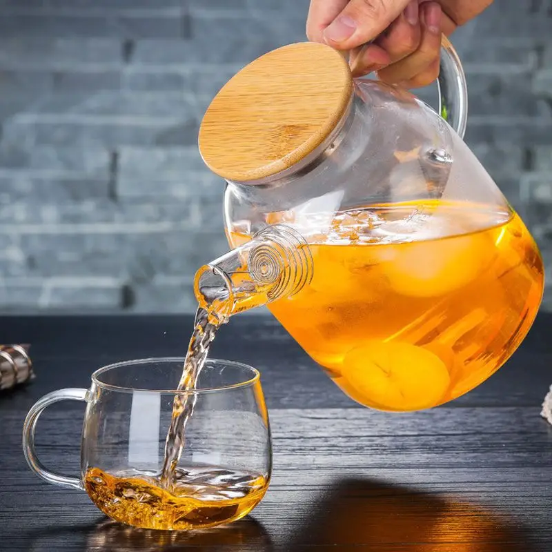 High Borosilicate Glass Water Jug Steel Cover Cold and Heat Resistance Juice Glass Teapot With Bamboo Lid