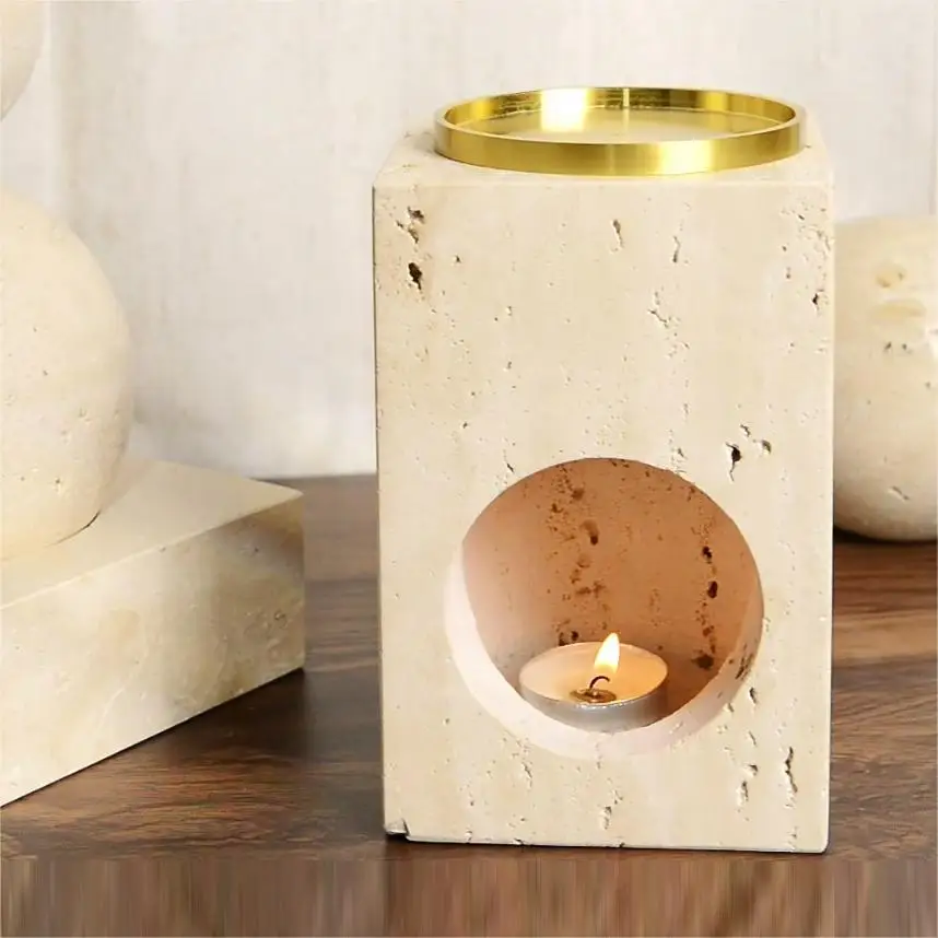 Moroccan Modern Beige Travertine Marble Lantern EID Mubarak Ramadan Home Decoration Moroccan candle incense burner Wind Lamp