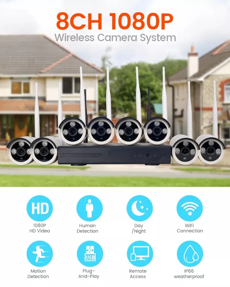 Комплект наружных камер видеонаблюдения с ночным видением, 4 канала, 8 каналов, IP, Wi-Fi, nvr, 1080P, беспроводная домашняя система безопасности