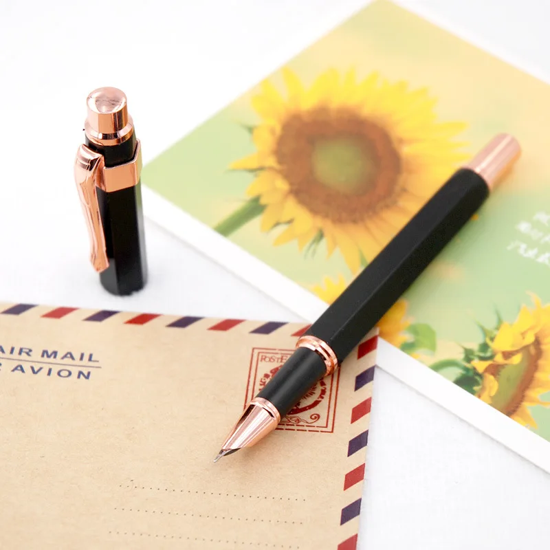 Fine craftsmanship elegant magnificent Luxury Collection Calligraphy Rosegolden Trim Hexagon Retractable Brass Pen Fountain Pen