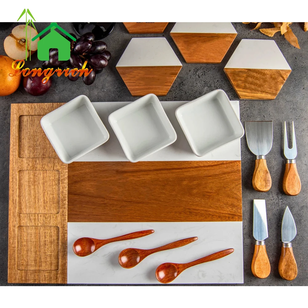 Custom Wooden And Marble Cheese Board Acacia Charcuterie Board With Cheese Knife Spork Set And Ceramic Bowl