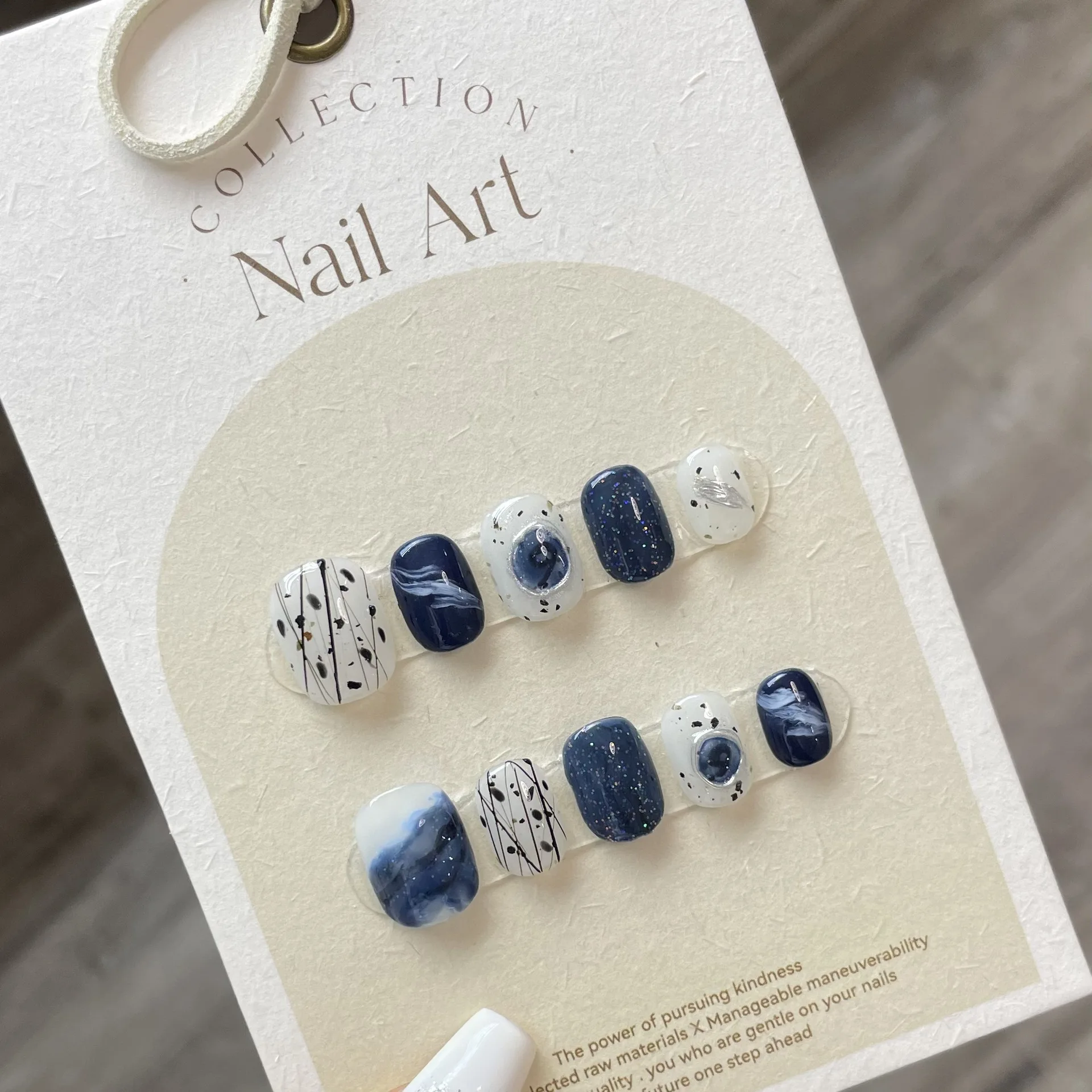 Wholesale Handmade Blue White 10 Pcs Kit Pre-Designed Full Cover Artificial False Fake Short Press On Nails With Custom Design