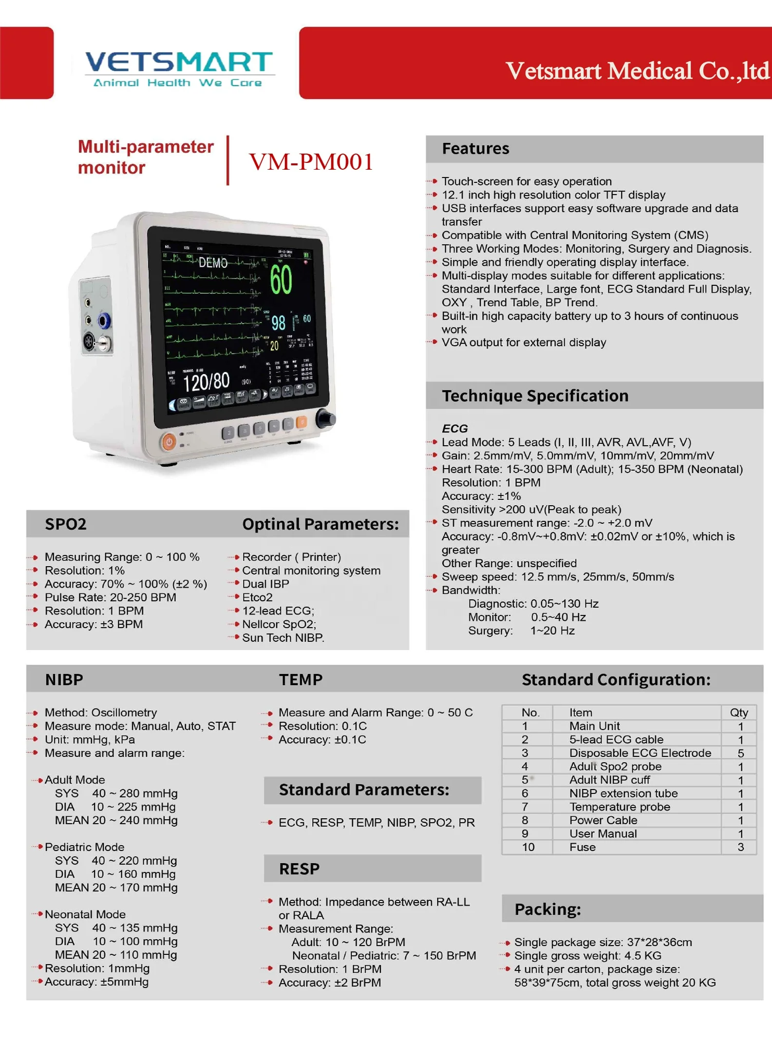 High Quality Hospital Use 12 Inch Touch Screen Multi Parameter Vital Signs Vet Monitor For Vet Patience