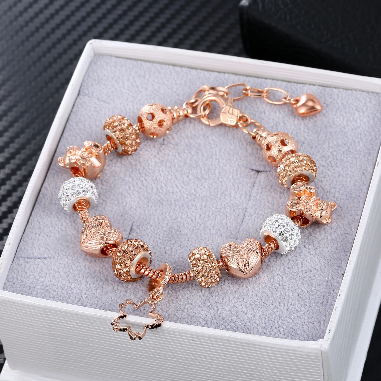 Classic Pink Crystal Flower Charm DIY Bracelets for Women Girl Rose Gold Color Adjustable Lobster Bead pan Bracelet Fashion Gift
