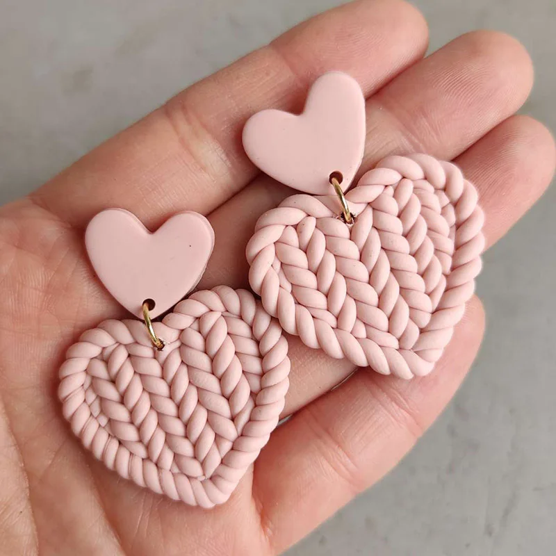 Cute Candy Color Double Layer Peach Heart Pendant Earrings For Women Love Twist Weave Soft Polymer Clay Earrings Jewelry Gift