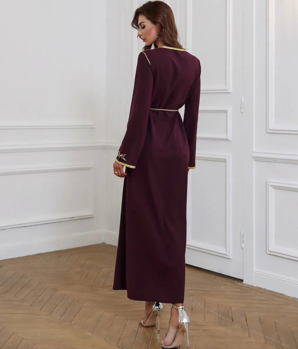 Арабская Дубай Турция ислам модная мусульманская женская одежда ручной работы с бисером роскошное черное платье поясом на талии