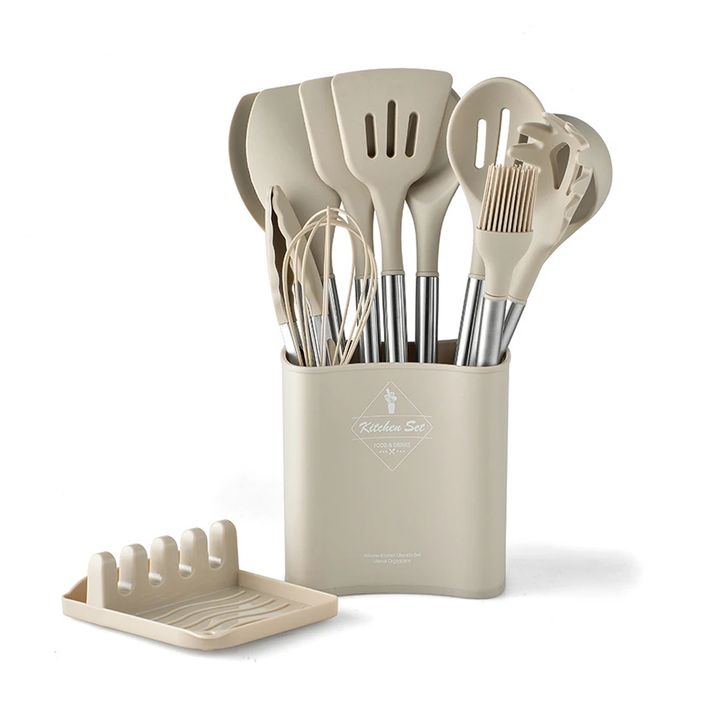 CATHYLIN 9 12 13 Pcs Cooking Tool Nonstick Silicone Stainless Steel Kitchen Utensil Set with Draining Rack Bucket in Gift Box