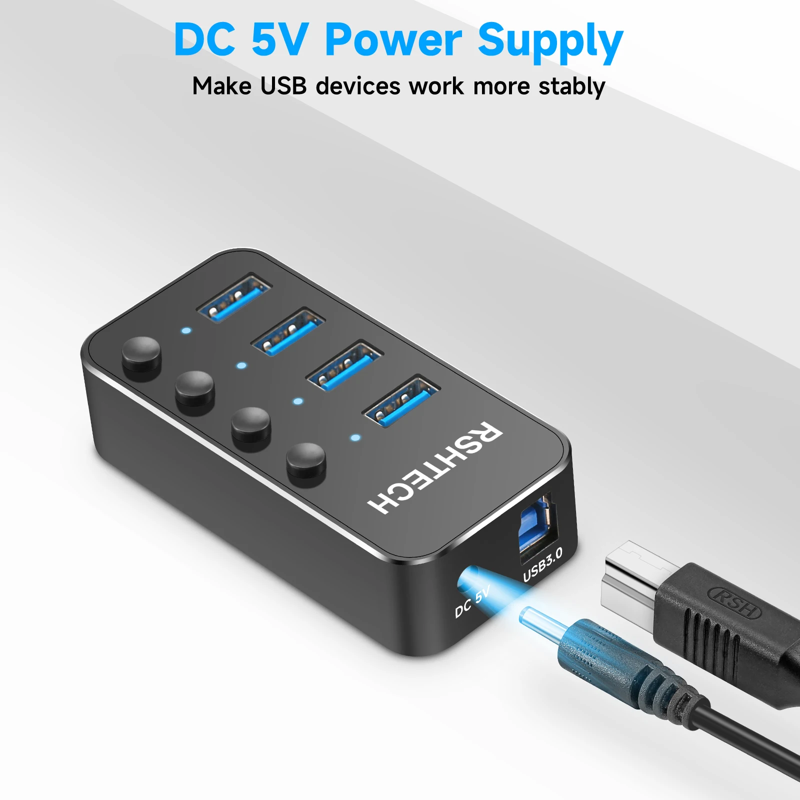 RSHTECH Powered USB Hub Universal 5V/2A AC Power Individual On/Off Switches 5Gbps High-speed 4 Port USB 3.0 Hub for PC Laptop