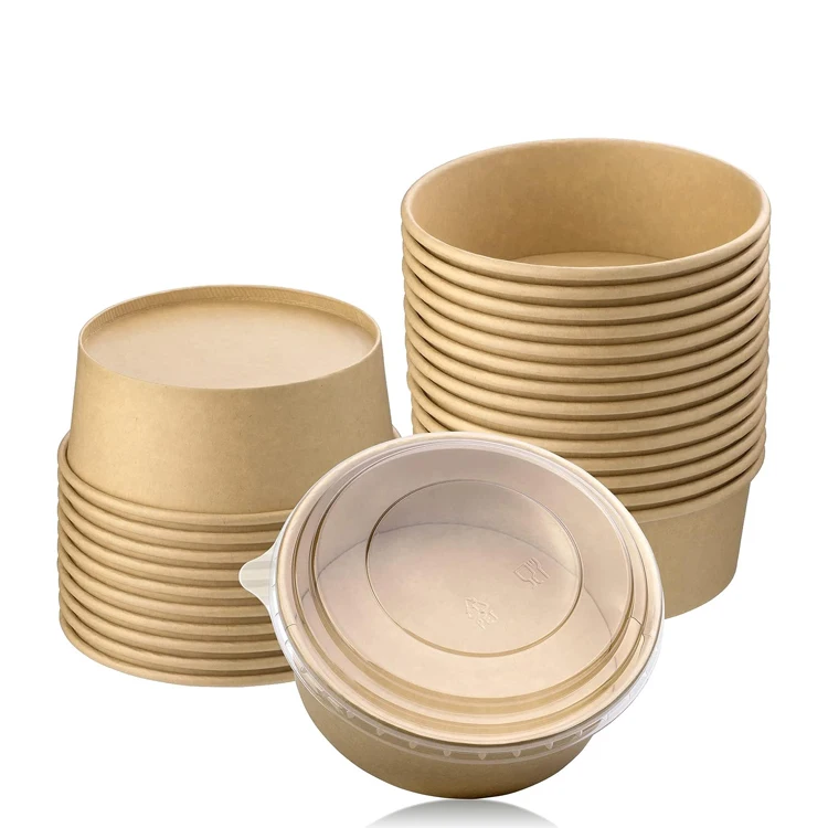 Take Away Paper Container Salad Bowls Disposable Kraft Paper Round Salad Bowl with PET Lids 750ml Craft Paper Food Snack Cup
