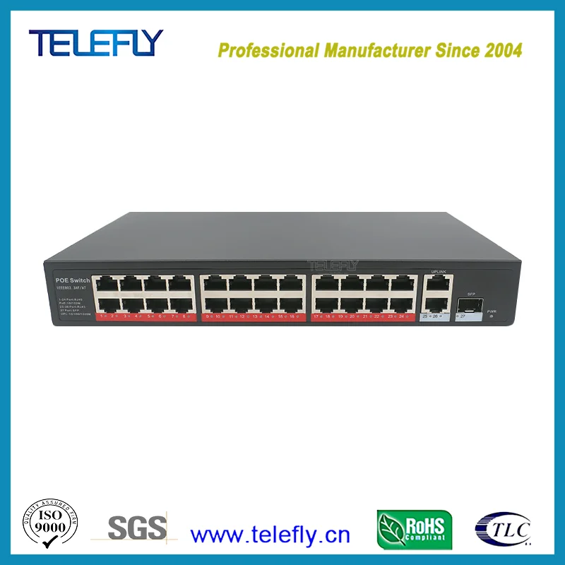 100MB/S 24 Port Poe Switch with 2 Gigabit RJ45 Ethernet Ports Optional 1 SFP, Poe Budget 250W/400W