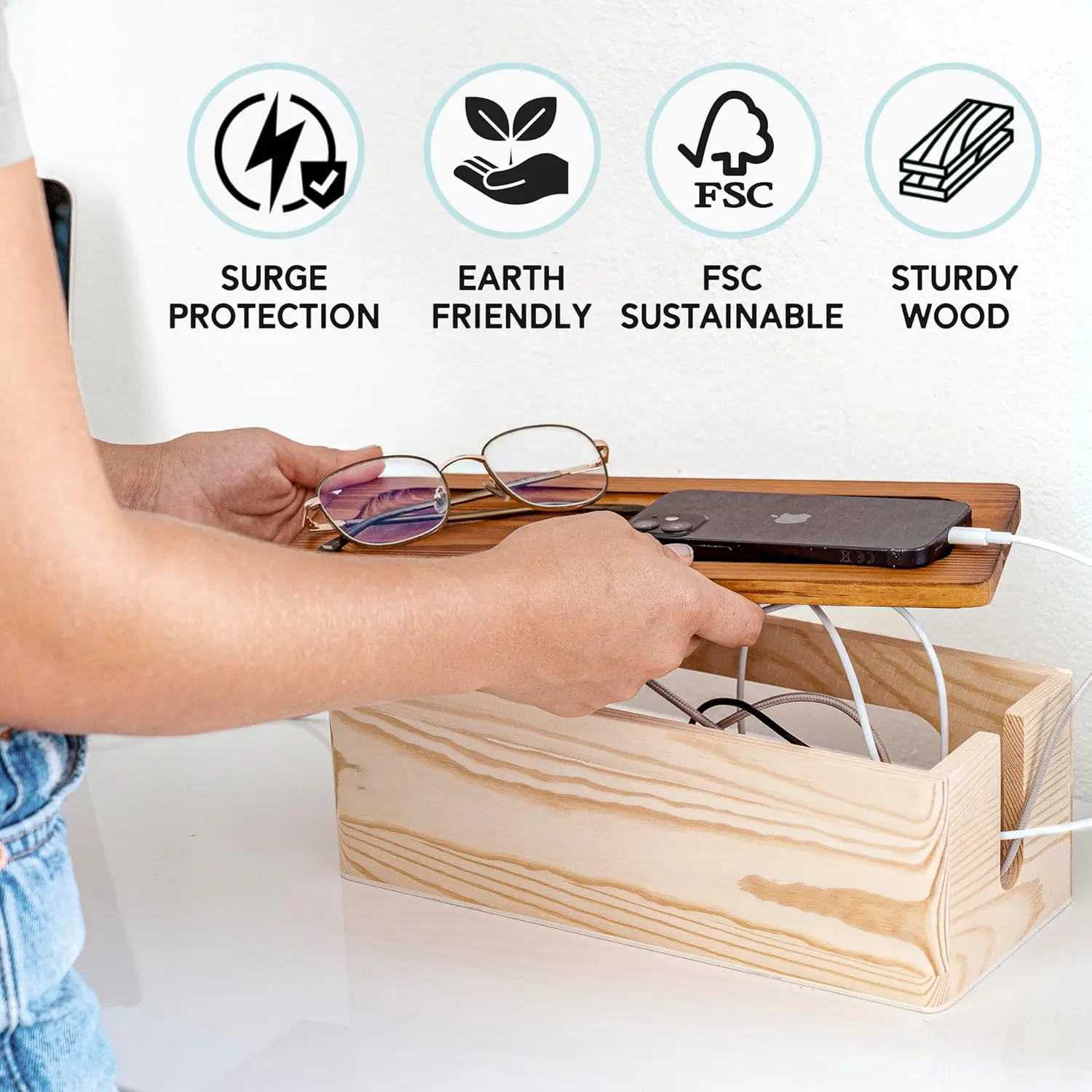 Wood Cable Storage Box [2-piece set] Storage Box Set Power Board | Cable Storage Box | TV, Desk Computer, Router Cable Organizer