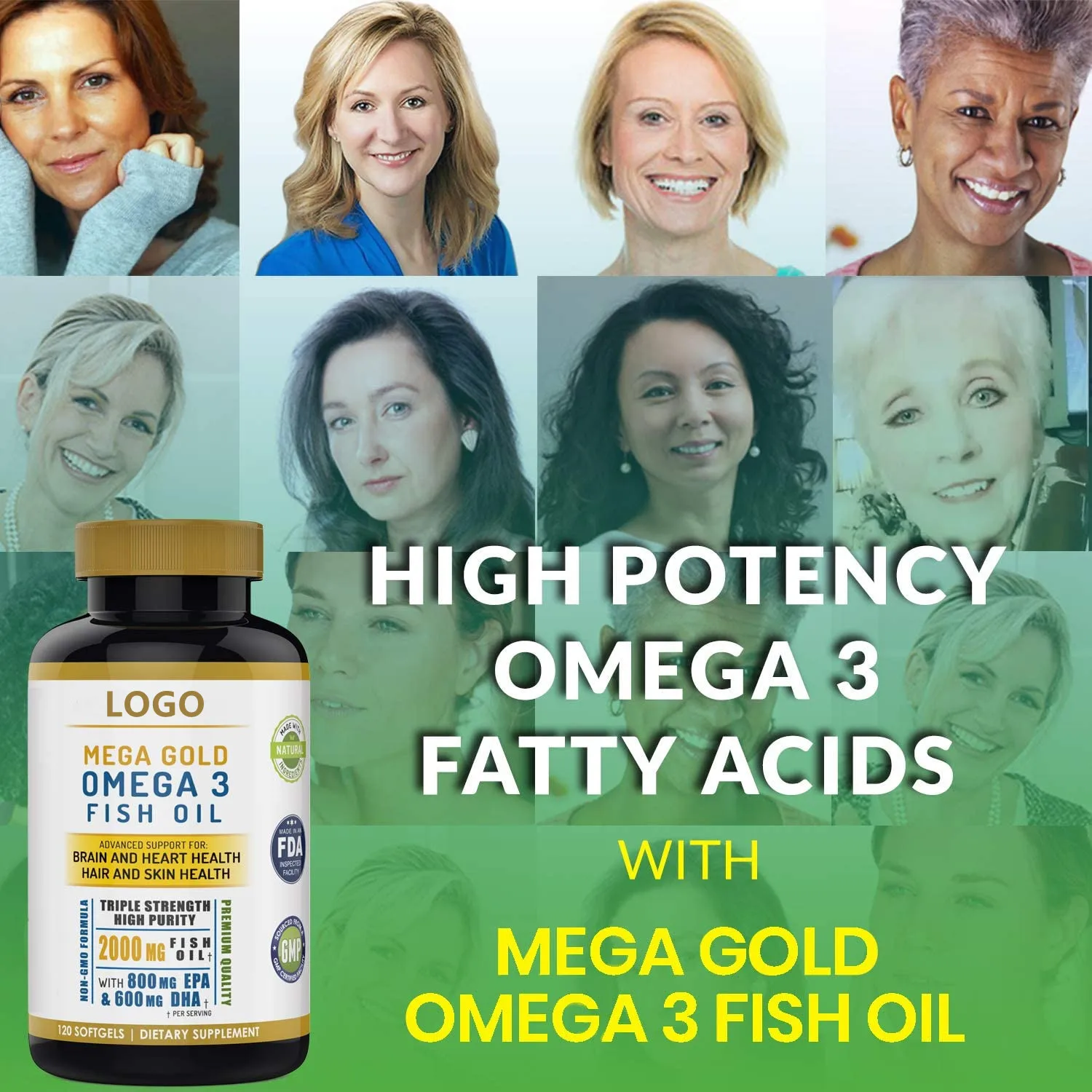 Omega 3 Max Strength Fish Oil Supplement with Vitamin E, 800 mg EPA 600 mg DHA Ultimate Brain, Hair Support Men & Women