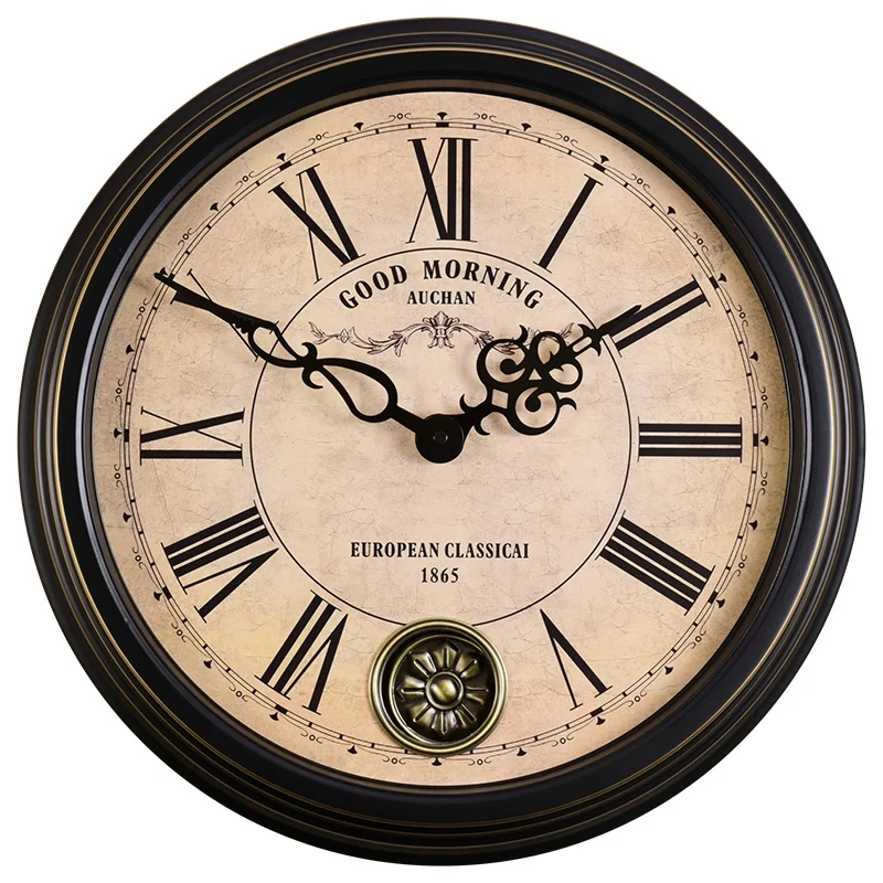 American Country Vintage Round Metal Home Clock Living Room Wall Decoration Silent Antique Swing Digital Wall Clock