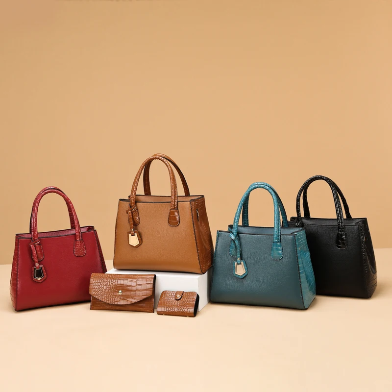 Wholesale fashion 3 in 1 Large Capacity Crocodile pattern PU Leather Purse and crossbody handbags sets for women