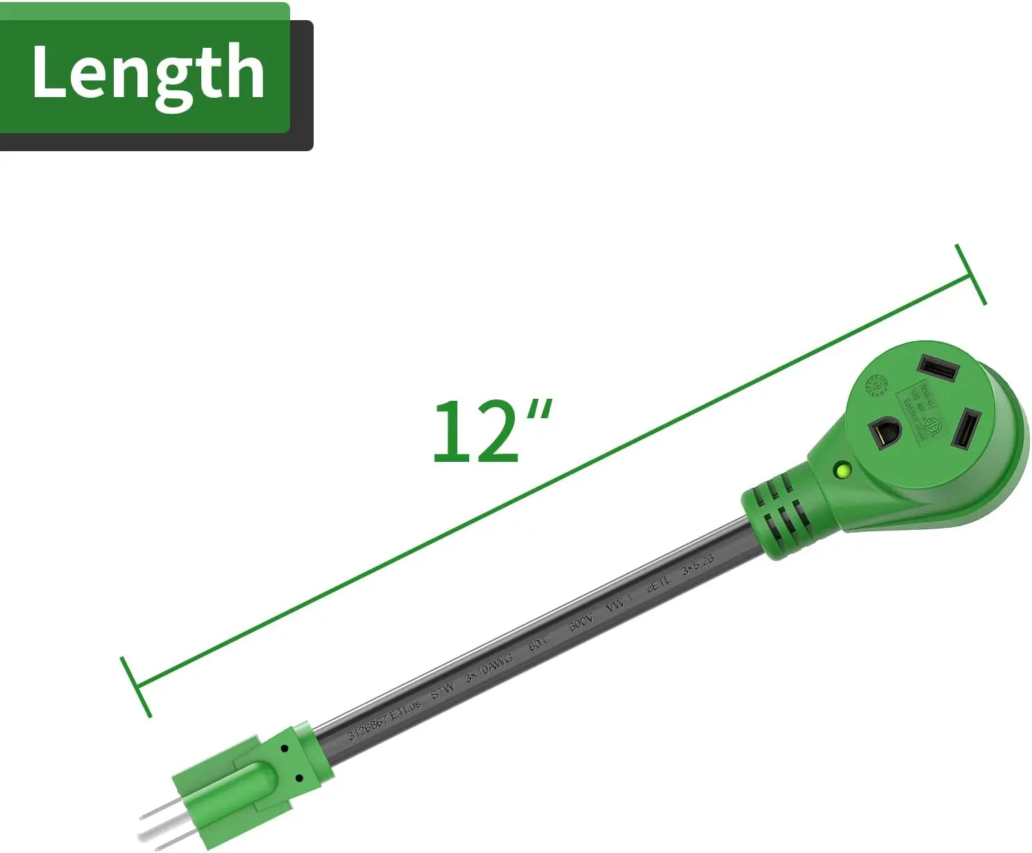 J495 30 Amp to 110 Volt RV Adapter Cord 12 Inch NEMA 5-15P to NEMA TT-30R Electrical Power Adapter with LED Power Indicator