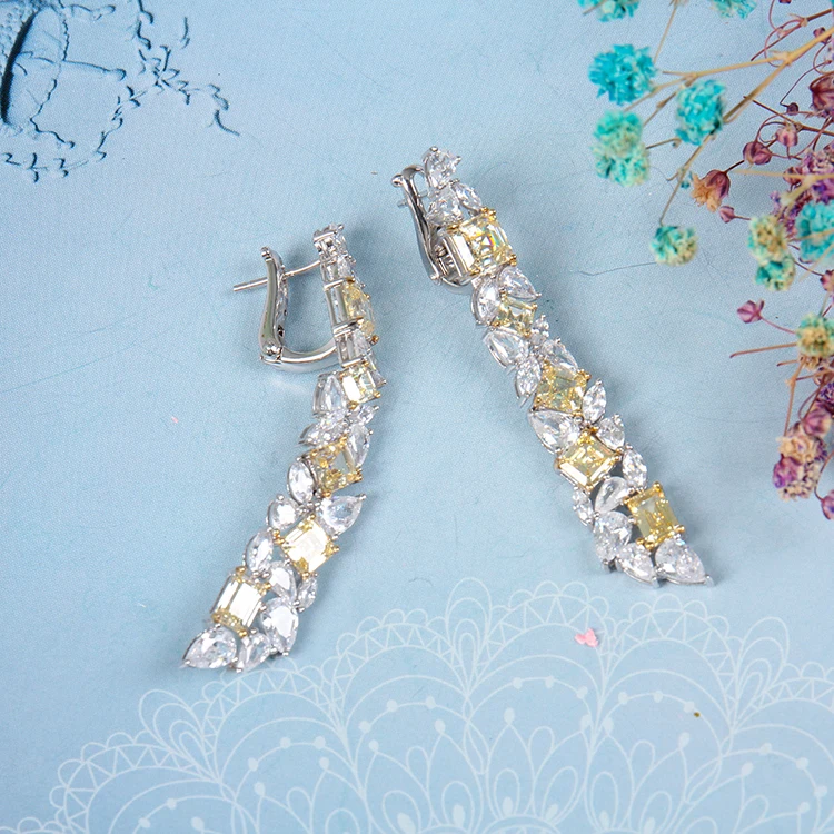Luxury fashion silver jewelry earrings hoop women long cubic zirconia gemstone earrings