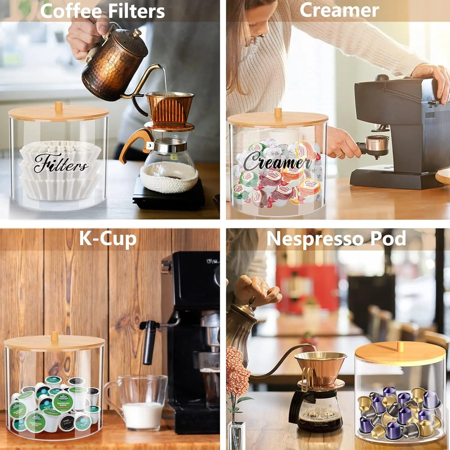 Clear K Cup Coffee Filter Holder Coffee Pod Holder with Bamboo Lid Compatible with Nespresso Capsule