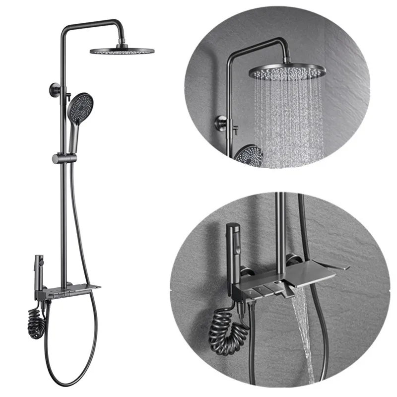 2022 New Designer Exposed Gray Color 4 Push Button Piano Key Shower Faucet Mixer Set With 10 Inch Rainfall Shower Head