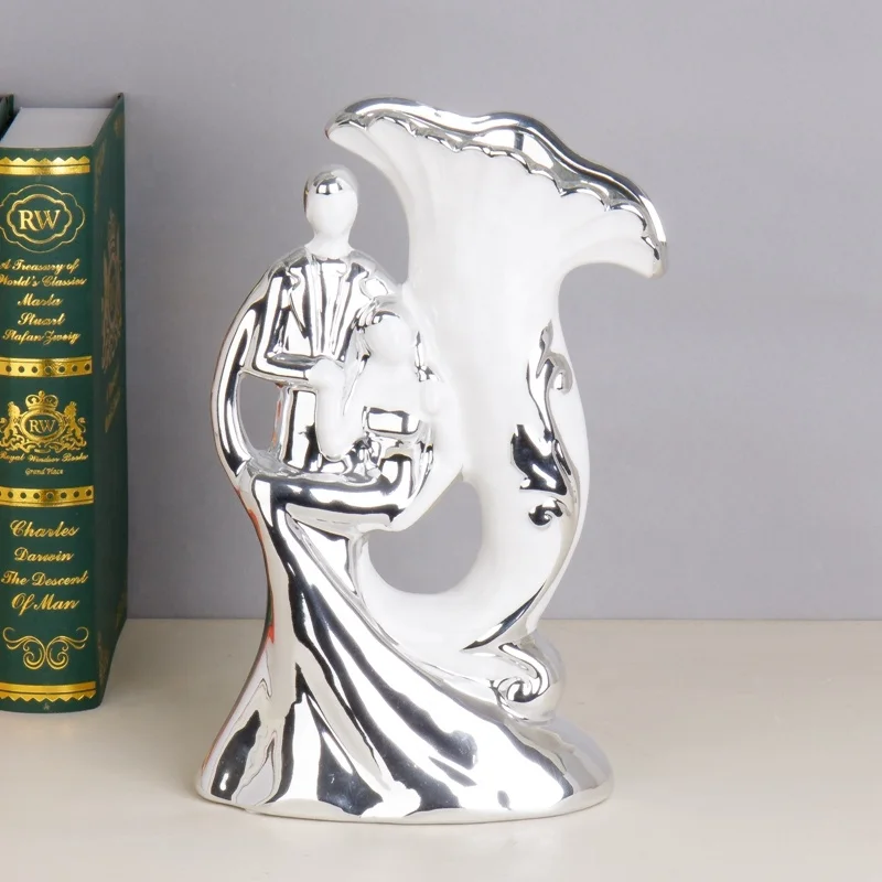 European Silver and Gold Ballet Double Dancing Sculpture Statue Fruit Bowl Ceramic Figurine Couple Dancing Home Decor