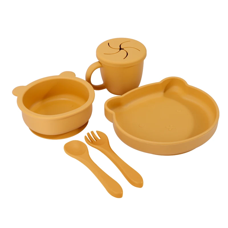 Kids Suction Plate Bowl Bib Learning Cup Toddler Independent Feeding Training Soft Spoon Fork Dish Bear Feeding Set